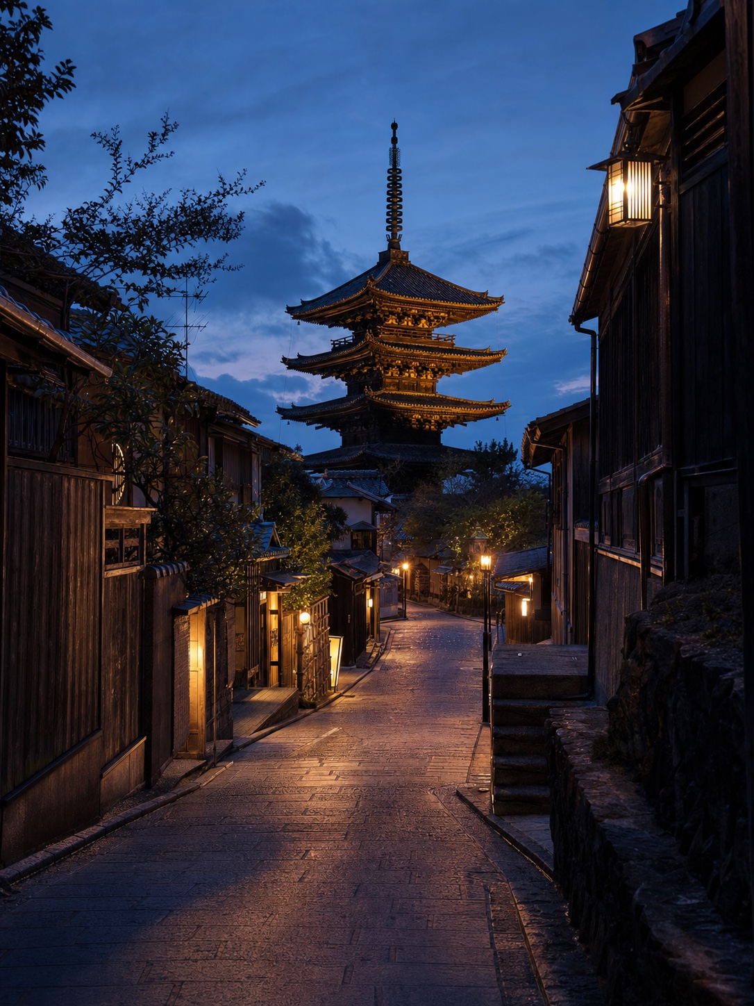 Yasaka Pagoda and a stone-paved street in Kyoto at dusk