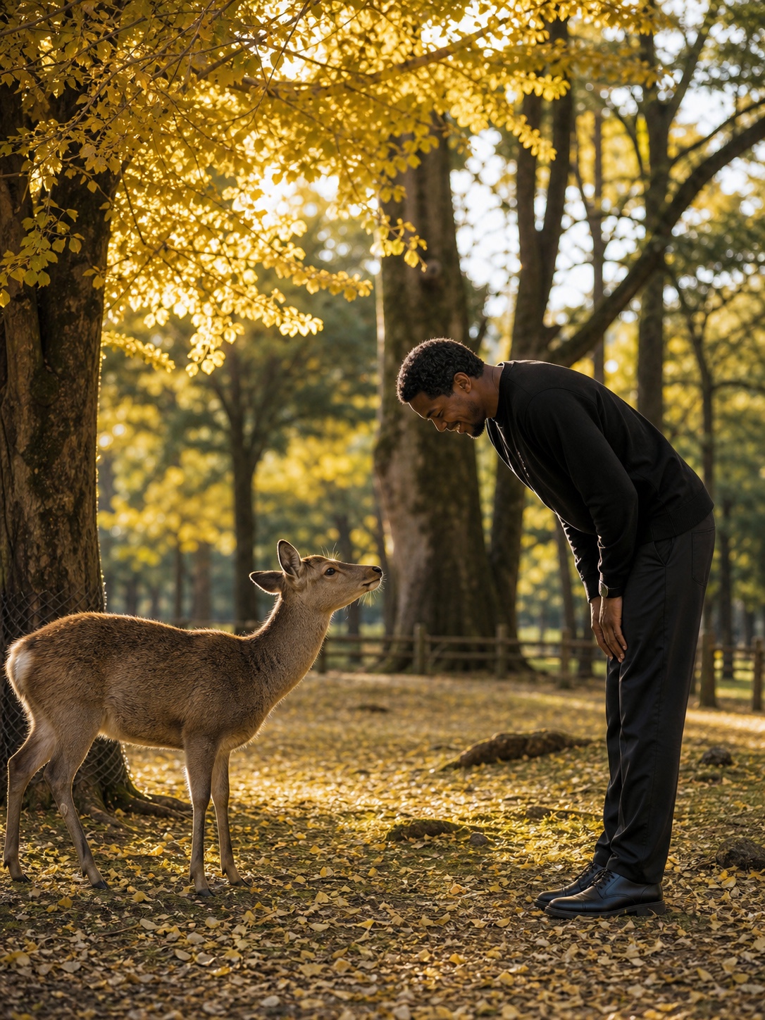 An international traveler meeting a deer in Nara Park