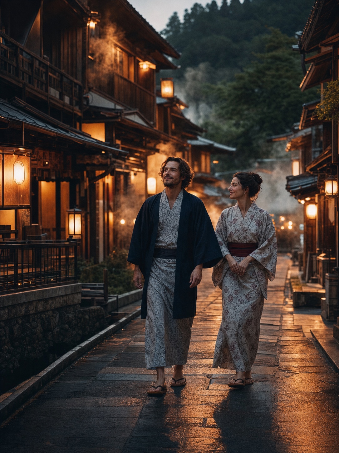 Travelers in yukata strolling through an onsen town at dusk