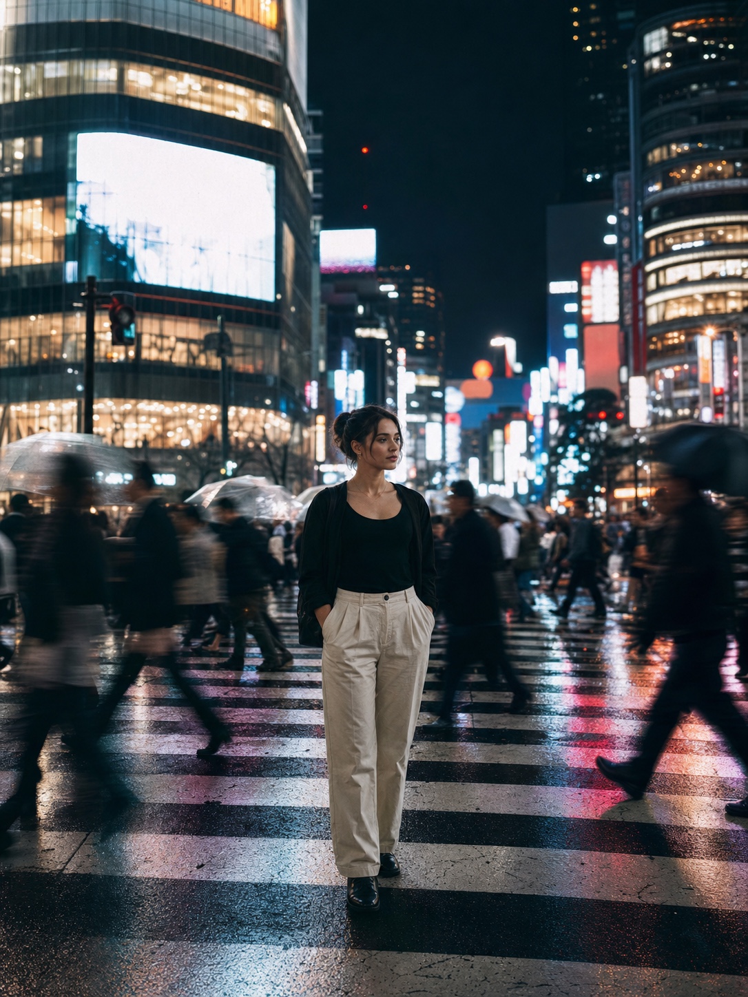 Neon lights at Shibuya Crossing in Tokyo at night