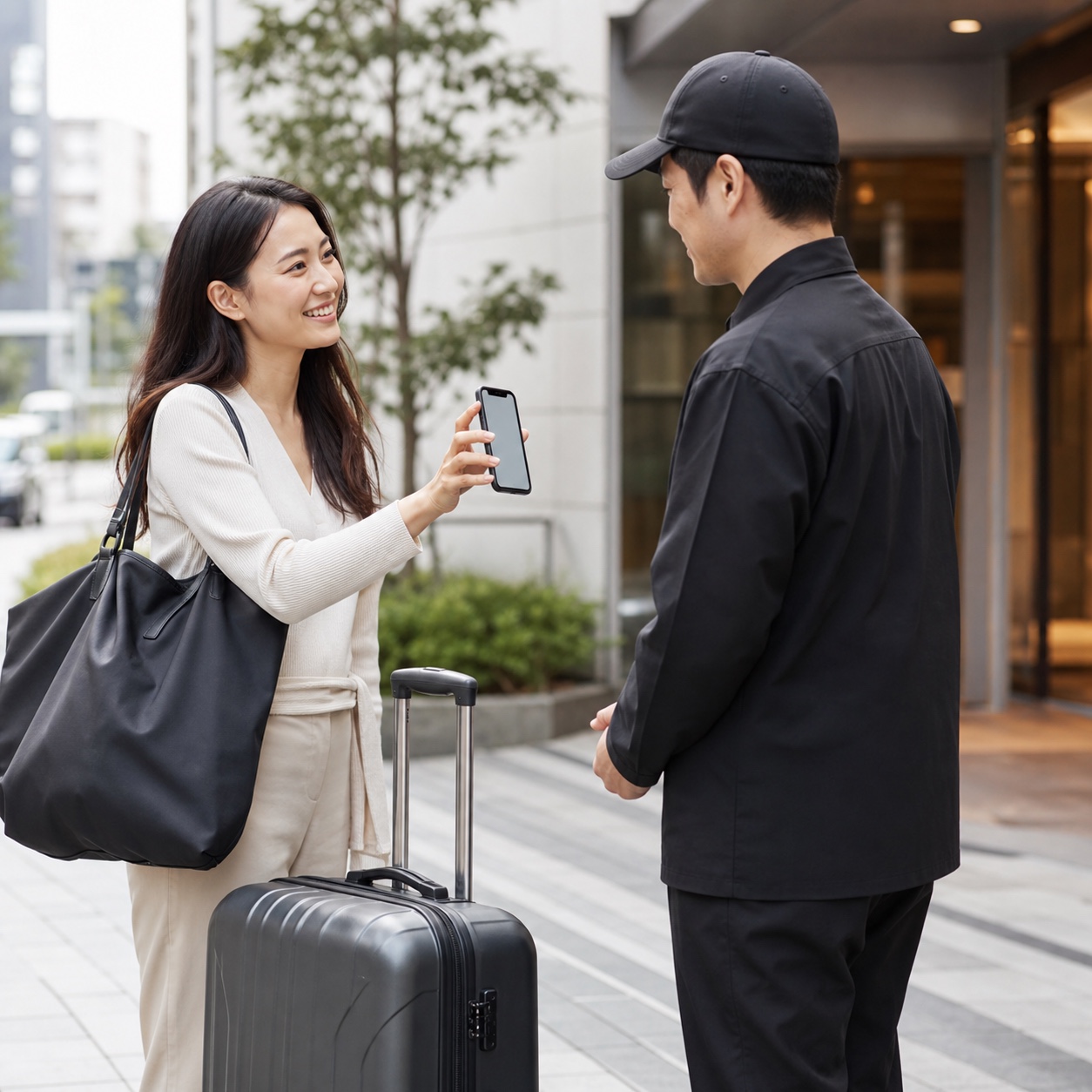 A traveler verifying a code before handing a suitcase to a driver