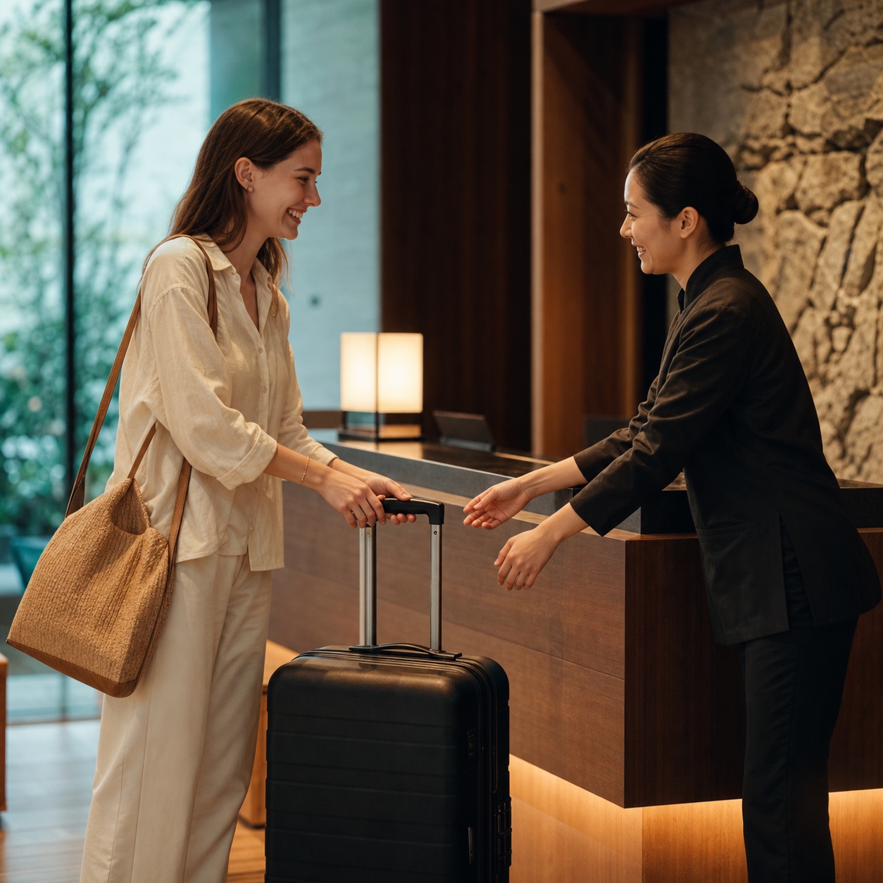 A smiling traveler receiving luggage at a hotel front desk