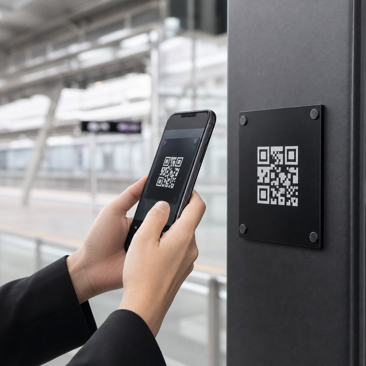A traveler scanning a BagHop QR code with a smartphone